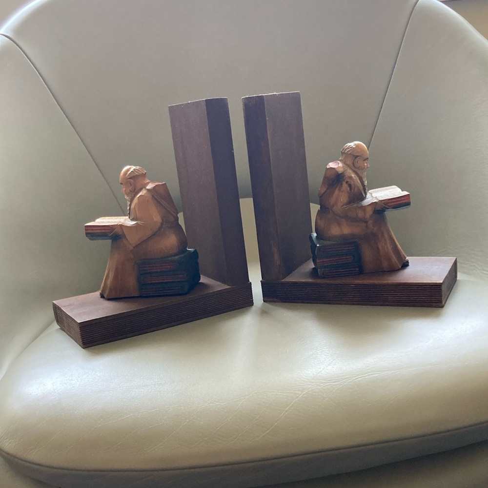 Vintage Wooden Carved Monk Bookends